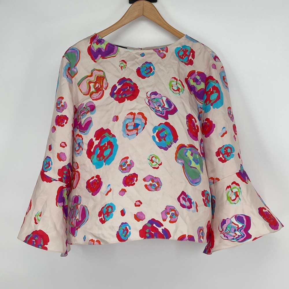 Emporio Armani Silk Blouse 12 Abstract Floral Bell Sleeve Top Luxury Designer‎